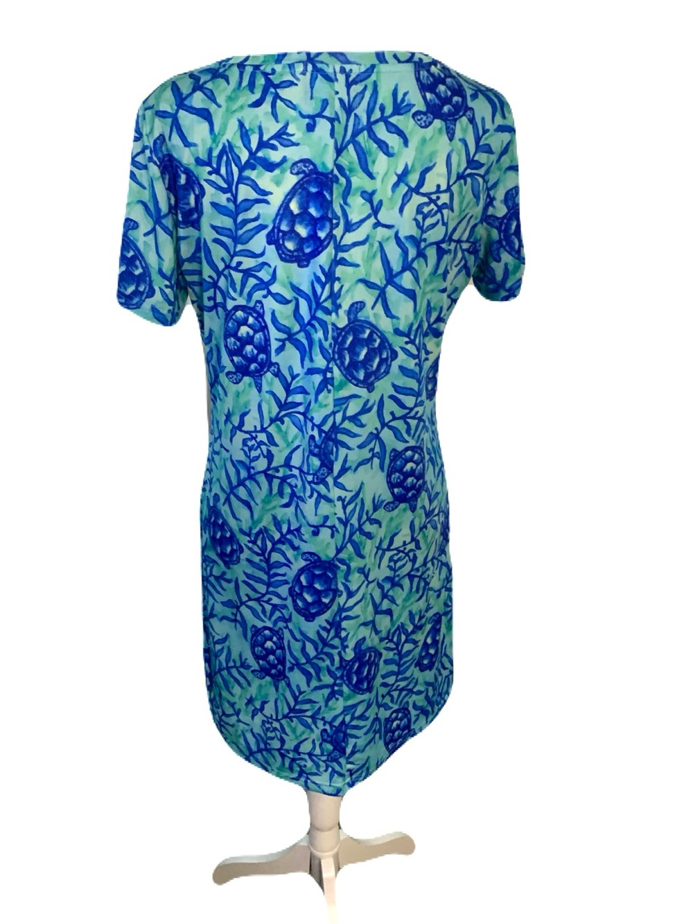 Knot Responsible Small Blue/Turquoise Stretchy Turtle Print Dress Coastal Beach - Picture 3 of 6